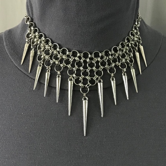 Gothic Tribal Silver Warrior Chainmail Spike Handmade Adjustable Choker Necklace - Picture 7 of 15